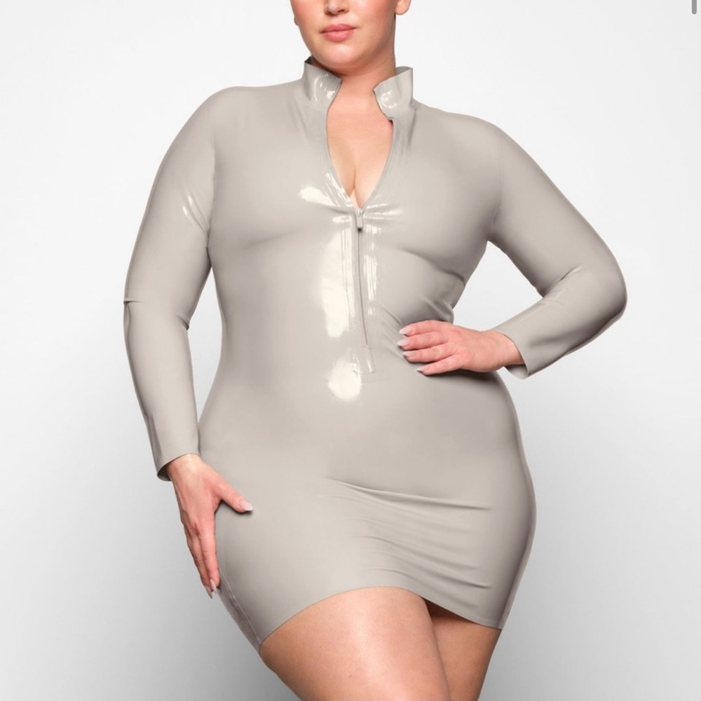 Skims Latex Long Sleeve Dress in Cement